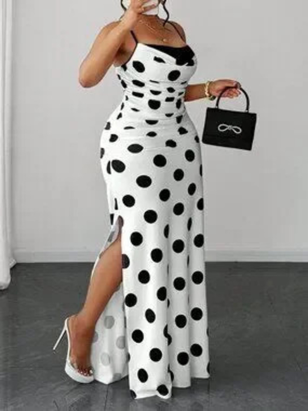 ZARA Black And White Party Women's Spaghetti Strap Cowl Neck Side Maxi Dress